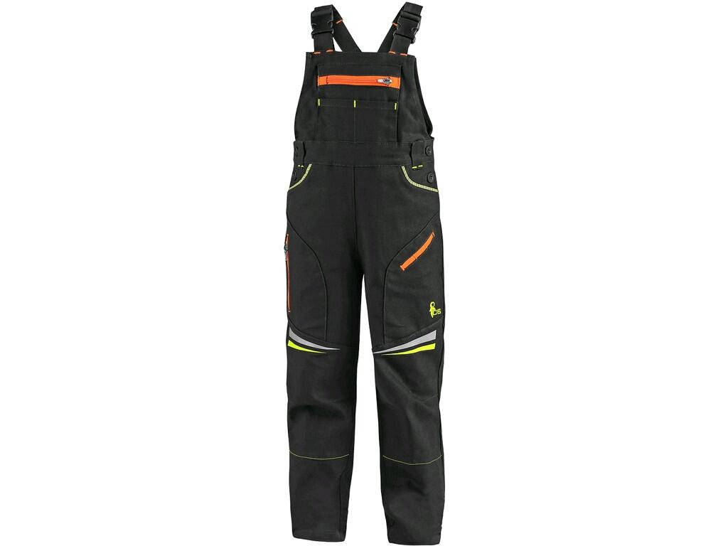 CXS Dětské kalhoty s náprsenkou GARFIELD černé s HV žluto/oranžovými doplňky vel.140