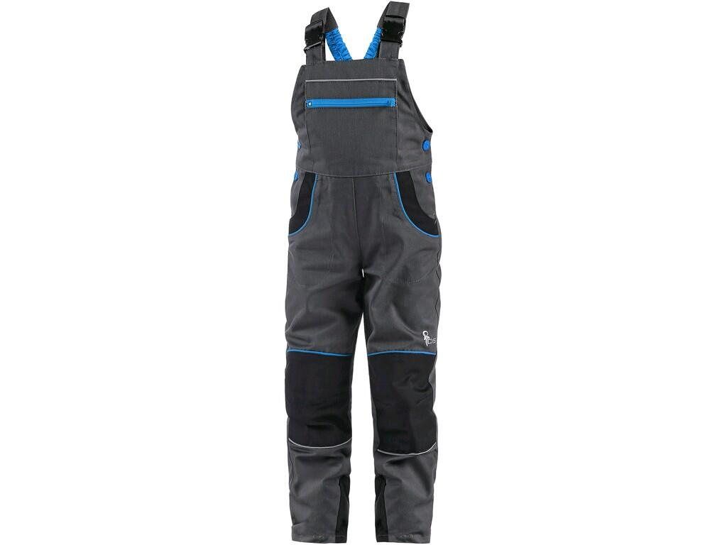CXS Dětské kalhoty s náprsenkou CASPER šedé s černými a modrými doplňky vel.120