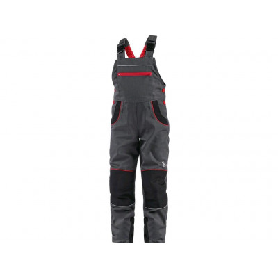 Dětské kalhoty s náprsenkou CASPER šedé s černými a červenými doplňky 
