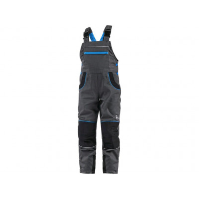 Dětské kalhoty s náprsenkou CASPER šedé s černými a modrými doplňky