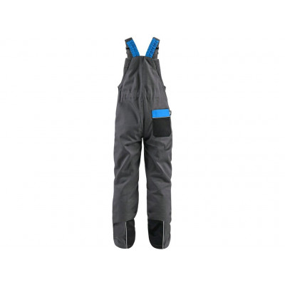 Dětské kalhoty s náprsenkou CASPER šedé s černými a modrými doplňky